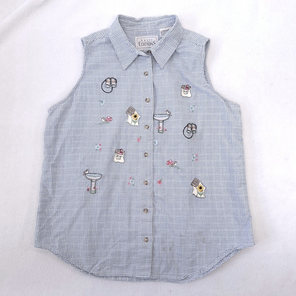 Vintage Gingham Sleeveless Shirt Garden Embroidery Cottagecore Blue White L